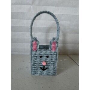 Mini Easter Basket with Pale Blue Sparkly Bunny Colorful Plastic Canvas Handmade